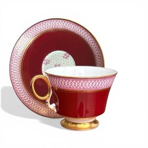 Adderley Fine Bone China England Teacup & Saucer Red Gold Trim